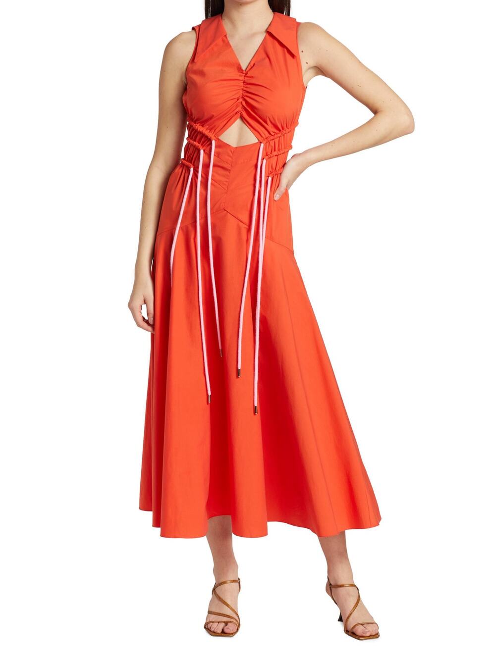 AKNVAS Jackson Orange Cut-Out Drawstring Collared Sleeveless Midi Dress Size 0